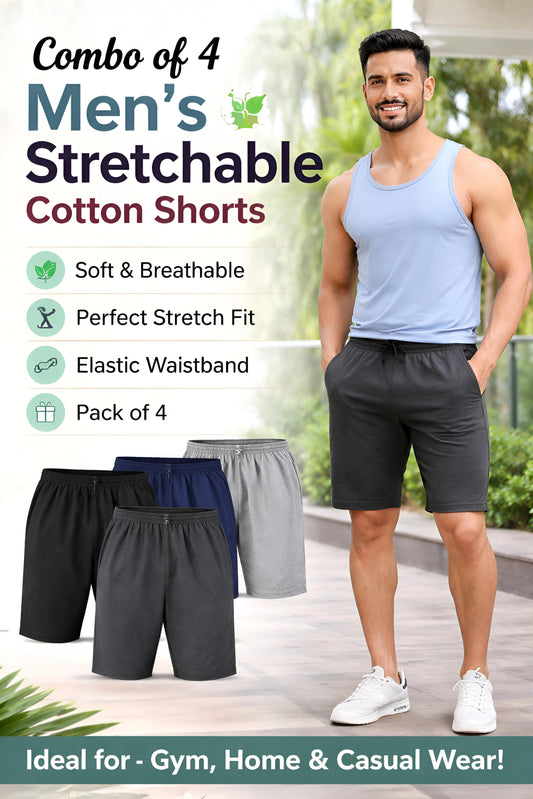 Combo of 4 Men’s Stretchable Cotton Shorts 🧵 | Gym, Sports & Casual Wear | Lightweight & Durable
