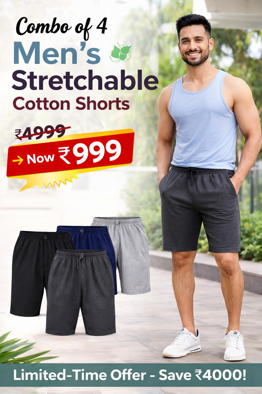 Combo of 4 Men’s Stretchable Cotton Shorts 🧵 | Gym, Sports & Casual Wear | Lightweight & Durable