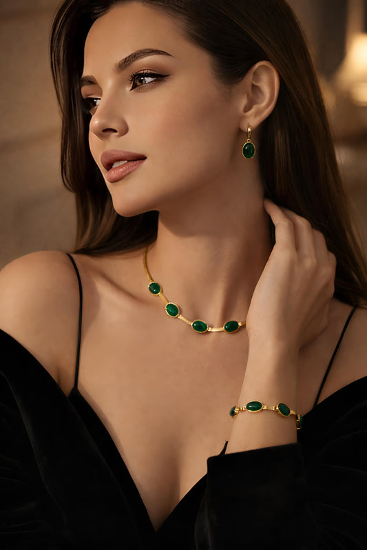 💚 Oval Green Crystal Pendant Necklace Set with Matching Bracelet | Elegant Healing Gemstone Jewelry for Women 💎✨